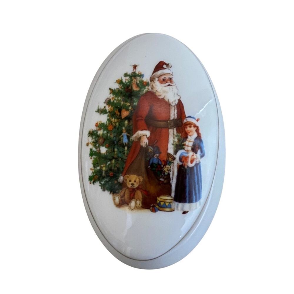 Vtg Reutter Porzellan Germany Oval Christmas Trinket Box Candy Dish Santa Claus